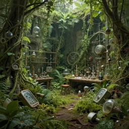 alchemist\'s workshop overgrown with plants, nature outlasting man\'s pathetic attempts at subjugation. technology absorbed by plants and vines, scientific instruments laying broken and useless. masterpiece, highly detailed, ultrarealistic, 8k matte painting, hauntingly beautiful
