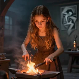 idealistic portrait of a young girl working in a blacksmith's forge, clear eyes, fair skin, beautiful hair, slender hands, fantasy art, fire, 8 k digital art, unreal engine, far away, in the style of h. r. giger and mc escher,