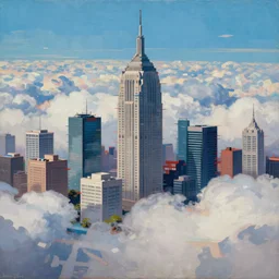 a beautiful painting by oliver vernon of a glitched city behind clouds, realistic colors