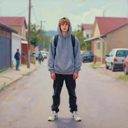 still from music video of hunter schafer from die antwoord standing in a township street, wearing a hoodie and backpack, street clothes, full figure portrait painting by martine johanna, ilya kuvshinov, rossdraws, pastel color palette, 2 4 mm lens