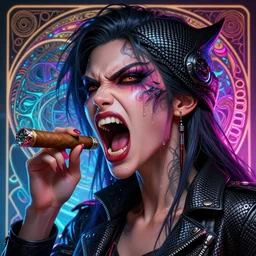 alterd carbon, no mouth, scream, cyberpunk angry gorgeous goddess, , cigar, neon, fibonacci, sweat drops, insane, intricate, highly detailed, digital painting, artstation, concept art, smooth, sharp focus, illustration, Unreal Engine 5, 8K, art by artgerm and greg rutkowski and alphonse mucha