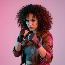 a medium shot of an angry, pretty lady with big curly 8 0 s hair in a brown leather jacket with sleeves rolled up : she is wearing fingerless gloves and is in a fighting stance looking at the viewer, lit by pink and cyan light