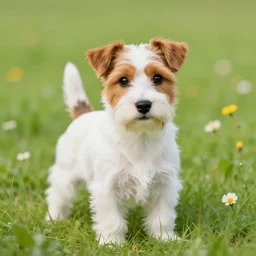 portrait of a terrier, cute, short white tricolor coat, terrier cavalier cross, surrounded by grass and flowers, art by artgerm