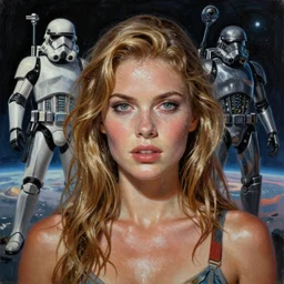 A mixed media painting of a very beautiful light-brown-hair / blonde woman on an alien planet, sweat, aesthetic symmetrical face and eyes, piercing gaze, photorealistic, model, wet, starship-troopers, pacific-rim-mech in background, eighties pinup style, by Frank Frazetta, Boris Vallejo, Beeple, Greg Rutkowski, Christian MacNevin, epic fantasy character art, full length, high fantasy, CGsociety, exquisite detail, post-processing, masterpiece, cinematic