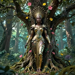 illustration neoclassical cinematic super expressive! yoruba goddess with exoskeleton armor, merging with tree in a forest, pink yellow flowers, highly detailed digital art masterpiece, smooth etienne sandorfi eric zener dramatic pearlescent soft teal light, ground angle hd 8 k, sharp focus
