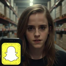 photo, close up, emma watson in warehouse, dim light, low light, fog, android cameraphone, snapchat story screenshot, 2 6 mm,