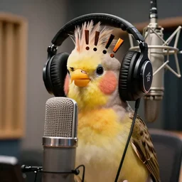 A photograph of a bird wearing headphones and speaking into a microphone in a recording studio. Its a Bird wearing a headphones, a bird, a bird!!!!!, bird!!! Wearing headphones on a recording studio, a bird