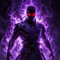 ninja surrounded by purple aura, glowing red eyes, full body shot, menacing, stylized, octane render, artstation, digital art, digital painting, devian art