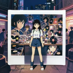 a full body 2 polaroid 6 portrait of a 1 9 8 0's disney girl 7 5 working at a vinyl stall 7, finely detailed features, closeup at the faces, perfect art, busy cyberpunk city, gapmoe yandere grimdark, trending on pixiv fanbox, painted by ilya kushinov makoto shinkai takashi takeuchi studio ghibli, akihiko yoshida,