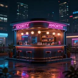 award winning photograph of a cyberpunk nightscape, small bar with lights on, lots of neon, ray traced reflections, global illumination, octane render