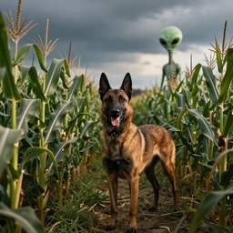 a belgian malinois in a cornfield with an alien