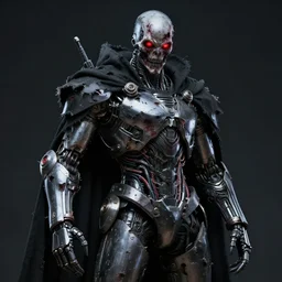 mecha wearing black torn cloak exposing chrome internals wiring harness armored damaged. glowing red eyes. creepy decay style of Roger Deakins Jeremy Saulnier Newton Thomas Sigel Robert Elswit Greig Fraser trending rtx on ue4