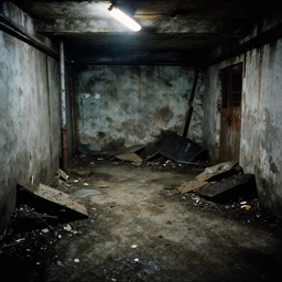 photograph of a filthy, disused basement in Kowloon Walled City, 1994, unsanitary, dirty, contaminated, 35mm photo. Highly detailed, photographic, realistic, dramatic, cinematic
