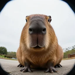 capybara with it’s nose right into the camera, outdoors, ultra wide angle, fish eye photo