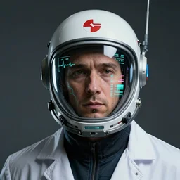 portrait of  a cyberpunk docotr wearing a futuristic helmet with screen showing heart beat rate by Petros Afshar and Beeple, James Gilleard, Mark Ryden, Wolfgang Lettl highly detailed