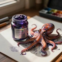 airbrush of sealed jar of swirling ink shimmering on a desk near colorful octupus, dramatic afternoon lighting, intense watercolor, heavy metal, tilt shift, by moebius