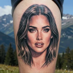 a mashup between a megan fox face with a beautiful mountain scenery creative double exposure effect, medium sized tattoo sketch, amazing detail, trending on pinterest, in the style of brandon kidwell