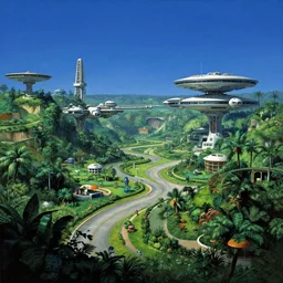 beautiful matte painting of green gardens with roads on a sci-fi space station, cinematic angle, cinematic lighting, blue sky, by Syd Mead, John Harris, Federico Pelat