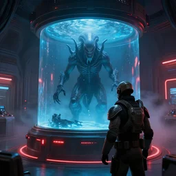 over the shoulder shot a mass effect soldier standing near a cthulhu lovecraft alien monster trapped inside a large round transparent science fiction glass containment chamber filled with blue liquid in a furnished mass effect science fiction spaceship laboratory, dramatic lighting, octane, red led lights, lens flare, trending on artstation, mist, mass effect, volumetric lighting