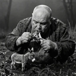 movie still by tarkovsky close - up of 1 giant obese old bald man in dirty clothes eating a leg of lamb with one tiny donkey in a swamp, mossy, by night, cinestill 8 0 0 t 3 5 mm b & w, heavy grain, high quality, noir, natural textures, photorealistic, ambient occlusion, hd, dof, mud, fog, heavy