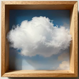 realistic photo of cloud in a wooden box, front view, grain 1 9 9 0, life magazine reportage photo, metropolitan museum photo