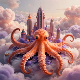 hyper-ornate bio-morphic sky city built on giant orange and purple cyborg octopus puffy clouds matte painting concept art alex grey salvador dali cinematic soft glow lighting high angle hd 8k sharp shallow depth of field