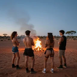 photograph of three ravers photographed from behind, talking around a fire, photorealistic, dancefloor kismet, diverse costumes, clean composition, desert transition area, bonfire, night, australian desert, xf iq 4, symmetry, sony a 7 r, 1 5 0 mp, 5 0 mm
