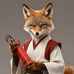 beautiful portrait of a female anthropomorphic coyote fursona wearing jedi robes with dynamite. detailed hands. character design by charlie bowater, ross tran, artgerm, and makoto shinkai, detailed, soft lighting, rendered in octane