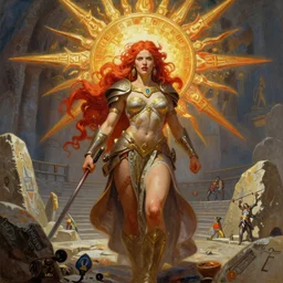 A mixed media painting of the beautiful red-haired goddess of the sun, very aesthetic, curvy, detailed face, elven armor, by Frank Frazetta, Greg Rutkowski, Boris Vallejo, Beeple, Yoko Taro, Christian MacNevin, epic fantasy character art, goddess of anger, viking runes, high fantasy, CGsociety, full length, exquisite detail, post-processing, masterpiece, cinematic, odin's stone arena background