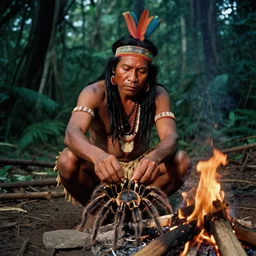Portrait of an Amazon indigenous tribe leader preparing a tarantula over a campfire in the middle of an ominous jungle, 1980s photography