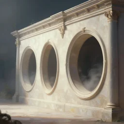 lateral cross - section view. wall with circular portals to another world. framed, ethereal, rich estate, fantasy, smooth, sharp focus, high detailed digital art trending in artstation. artist greg rutkowski