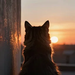 a stunning ultra detailed close up photo of a silhouette of the back of a furry cat on a wall watching a sunset by tom bagshaw and artgerm, backlight, backview, 8 5 mm, golden hour hues, sunset sky, deep depth of field, artstation, 8 k, highly coherent