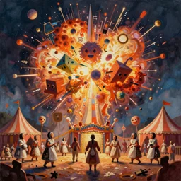 a beautiful painting of a glitched explosion of primitive shapes in a monster carnival by oliver vernon and jonas burgert, trending on pinterest, fallas party figures