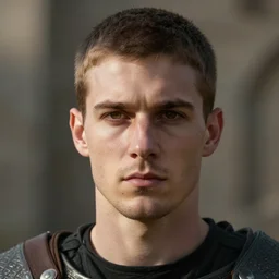 dramatic cinematic artwork of a medieval commander in his twenties, clean shaven, short brown hair, hazel eyes and a small chin staring into the distance with a slight smile on his face, standing in front of his warriors ready for battle by greg rutowski, 4 k, masterpiece, sun rays