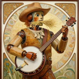 painting of a country bumpkin robot playing a banjo, straw in his mouth, style of alphonse mucha, high detail, hyper realistic, 8 k