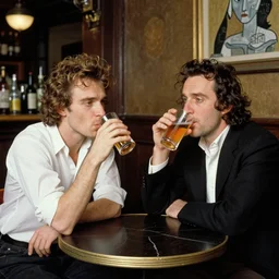 keith haring drinking in a london bar with Picasso. Same table. Real photo colored 1900 high quality very detailed super crisp