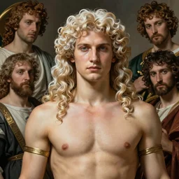 clean cel shaded art of the androgynous clean shaven greek God Apollo, long fluffy curly blond hair, light platinum long blond hair, Alexandre Cabanel, norman rockwell, peter paul rubens, maler collier, frank frazetta, alphonse mucha, gustav klimt 4k, unreal 5, DAZ, french noveau, trending on artstation, octane render, hyperrealistic