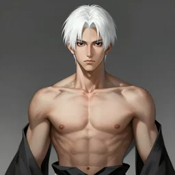 white haired parted through middle young japanese man wearing hakama, black sclera, art by artgerm and greg rutkowski and magali villeneuve, handsome, portrait, muscular, highly detailed, digital painting, trending on artstation, concept art, sharp focus, illustration