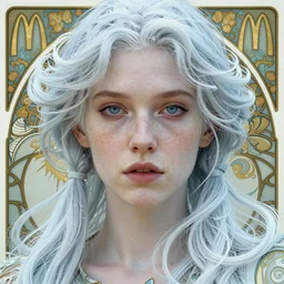 close up portrait of wendy thomas, pale young woman with dark freckles and pigtails, big frosty swirled imagery by artgerm, cushart krenz, greg rutkowski, mucha. art nouveau. gloomhaven, golden arches logo, pale colors, sharp edges. ultra clear detailed. 8 k. elegant, intricate, octane render
