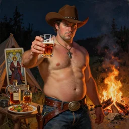 a dramatic, epic, ethereal painting of a handsome thicc shirtless cowboy with a beer belly wearing a leather belt offering you a drink | background is a late night campfire with food and jugs of  whisky | tarot card, art deco, art nouveau, homoeroticism | by Mark Maggiori | trending on artstation