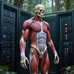 photo inside from a forest data center where servers are installed from muscles, veins, arteries, lymph, bones, cinematic lighting, hyper realism, octane render, 8 k, hyper detailed