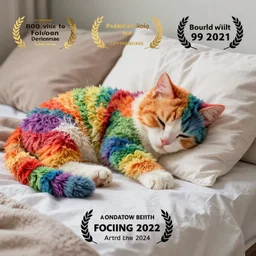 a rainbow colored rag doll cat sleeps on a bed of pillows, beautiful award winning photography