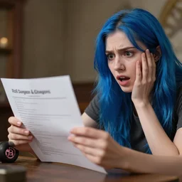 a young woman with a long blue hair looking in panic at the result of a roll in dungeon and dragons, stock photo, ultra high resolution 4 k,