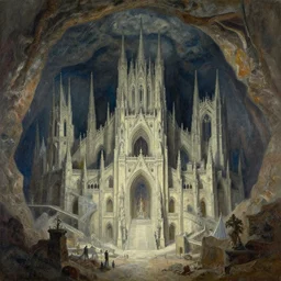 massive subterranean gothic citadel by Les Edwards and Delphin Enjolras, oil on canvas, dramatic scenery, highly detailed matte painting, artstation, watercolor, impressionism