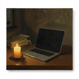a macbook laptop on a candle - lit table. painting in the style of rembrandt