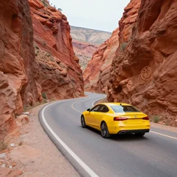 a yellow car drives along a twisty road in a colorful canyon