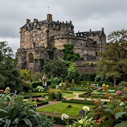 a beautiful digital graphics design portrait of Edinburgh castle in Edinburgh. Edinburgh gardens overgrown with plants, caledonian forest, matte painting, fantasy art, highly detailed