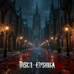 style : disco elysium. composition : long shot, waist level ; low angle. key words : digital art ; detailed ; 4 k. scenery : a gothic harbor city with blood on the streets. subject : none ; the streets are empty. details : at night ; lanterns in the streets.
