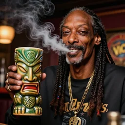 a closeup photorealistic photograph of happy stoned blunt smoking snoop dogg at trader vic's bar holding up a trader vic's style tiki mug featuring snoop dogg's face. tiki culture. lit scene. this 4 k hd image is trending on artstation, featured on behance, well rendered, extra crisp, features intricate detail, epic composition and the style of unreal engine.