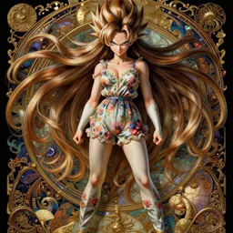 vegeta from dragonball z with a beautiful face and eyes, long hair, wearing a flowery romper, long legs, fantasy, intricate, full body shot, sexy, highly detailed, digital painting, artstation, concept art, wallpaper, smooth, sharp focus, realistic photo by artgerm and greg rutkowski and alphonse mucha
